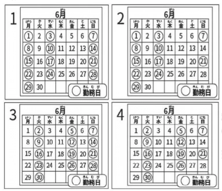 Picture options. Option 1: Calendar for June showing weekdays and dates. Dates 1, 2, 3, 4, 7, 8, 14, 15, 21, 22, 28, 29 are circled. '勤務日' (Duty day) legend shows a circle. Option 2: Calendar for June. Dates 1, 4, 5, 6, 7, 8, 11, 14, 15, 18, 21, 22, 25, 28, 29 are circled. Option 3: Calendar for June. Dates 4, 5, 6, 7, 11, 12, 13, 14, 18, 19, 20, 21, 25, 26, 27, 28, 30 are circled. Option 4: Calendar for June. Dates 4, 5, 6, 7, 12, 13, 14, 16, 17, 18, 19, 20, 21, 23, 24, 25, 26, 27, 28, 30 are circled — from the JLPT N1 Dec 2018 listening section