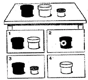 Scene: A table with three containers: one small dark, one medium white, and one medium dark. Below are four numbered shelf layout options — from the JLPT N2 July 2012 listening section