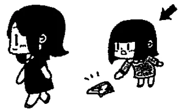 Scene: A woman drops a piece of paper or card, and another girl points down at it. An arrow points to the girl pointing — from the JLPT N3 July 2010 listening section