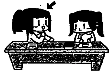 Scene: Two girls sitting at a table with glasses of water. An arrow points to the girl on the left — from the JLPT N3 July 2010 listening section