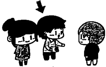 Scene: A girl and a boy standing, speaking with another boy. An arrow points to the boy in the middle — from the JLPT N3 July 2010 listening section