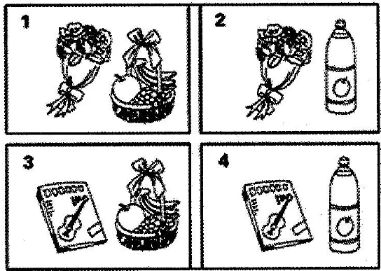 Picture options. Option 1: A bouquet of flowers next to a gift basket of fruit Option 2: A bouquet of flowers next to a plastic bottle of drink Option 3: A music CD with a guitar illustration next to a gift basket of fruit Option 4: A music CD with a guitar illustration next to a plastic bottle of drink — from the JLPT N3 Dec 2011 listening section