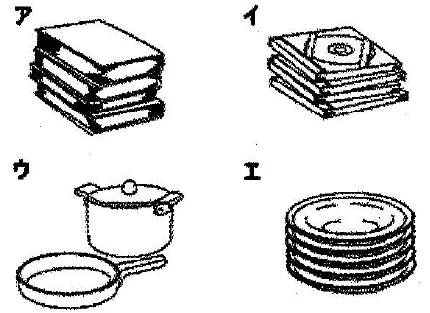 Scene: Four labeled illustrations: ア is a stack of three thick books, イ is a stack of four thin booklets/CD cases, ウ is a saucepan/cooking pot with lid on a stove, エ is a stack of four plates — from the JLPT N3 Dec 2011 listening section