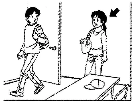 Scene: A man and a woman are standing near a desk; the woman, with a black arrow pointing to her, is looking down at a booklet or sheet of paper on the desk — from the JLPT N3 Dec 2011 listening section