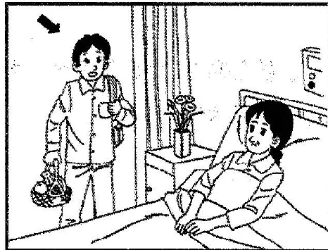 Scene: A man is visiting a woman sitting up in a hospital bed; the man, holding a gift basket and having a black arrow pointing to him, stands by her bedside — from the JLPT N3 Dec 2011 listening section
