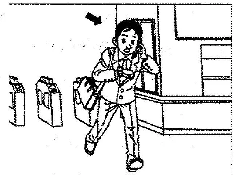 Scene: A man is leaving a room while carrying a business bag and putting on his jacket; he has a black arrow pointing to him — from the JLPT N3 Dec 2011 listening section