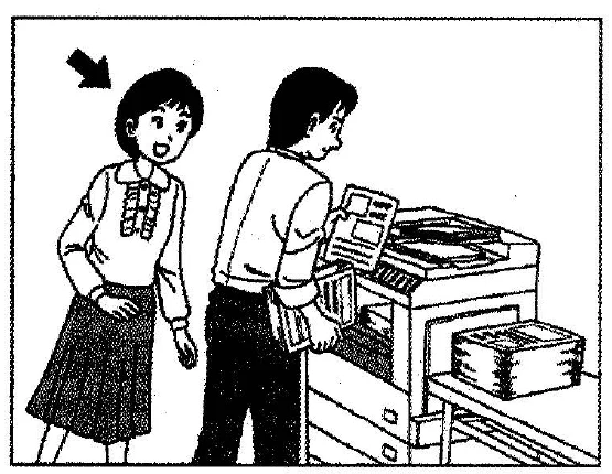 Scene: A woman stands behind a man who is using a photocopier. An arrow points to the standing woman — from the JLPT N3 July 2011 listening section