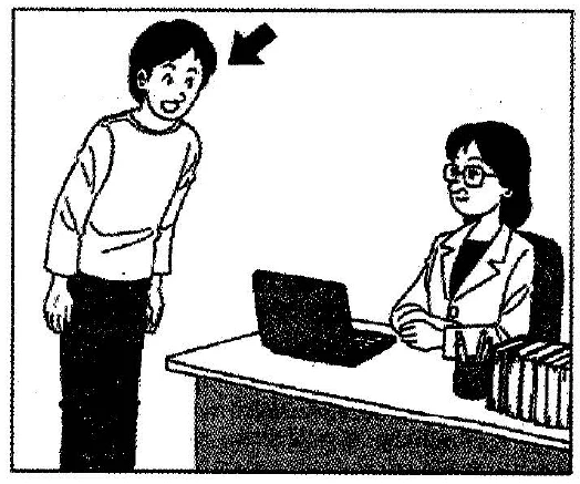 Scene: A man is standing in front of a desk where a woman is sitting and using a laptop. An arrow points to the standing man — from the JLPT N3 July 2011 listening section