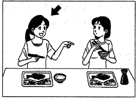 Scene: Two women are sitting at a table eating food. The woman on the left is holding chopsticks and gesturing towards her plate. An arrow points to her — from the JLPT N3 July 2011 listening section