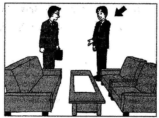 Scene: Two men in suits are standing in a lounge/reception area near some sofas. An arrow points to the man on the right — from the JLPT N3 July 2011 listening section