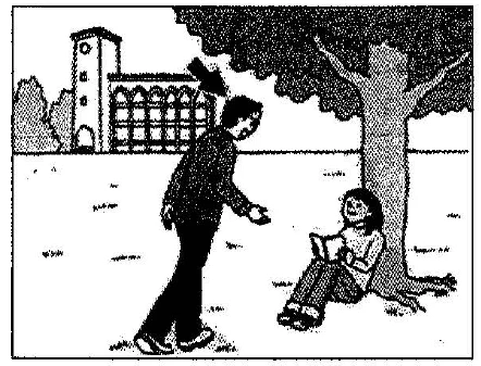 Scene: An outdoor campus or park setting. A man is standing next to a tree and pointing. An arrow points to this man. A woman is sitting on a bench reading a book — from the JLPT N3 Dec 2012 listening section