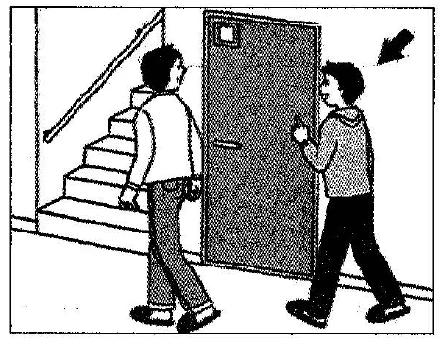 Scene: In a building hallway/staircase. A man is walking down the stairs, and an arrow points to him. Another man is walking up the stairs — from the JLPT N3 Dec 2012 listening section
