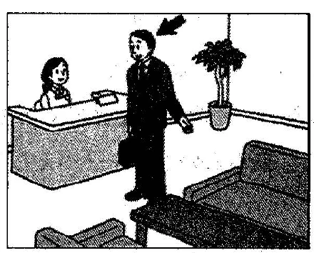 Scene: At a reception counter. A female receptionist is behind the counter, and a man in a business suit is standing in front of it. An arrow points to the man in the suit — from the JLPT N3 Dec 2012 listening section