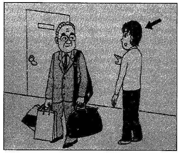 Scene: An older woman in a coat walking forward while carrying shopping bags. Behind her, a younger man carries bags as well. An arrow points to the man — from the JLPT N3 July 2012 listening section