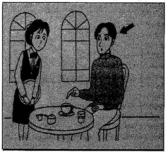 Scene: A woman is sitting at a round table with a teacup in a cafe or outside. A man is walking up to her table. An arrow points to the man — from the JLPT N3 July 2012 listening section