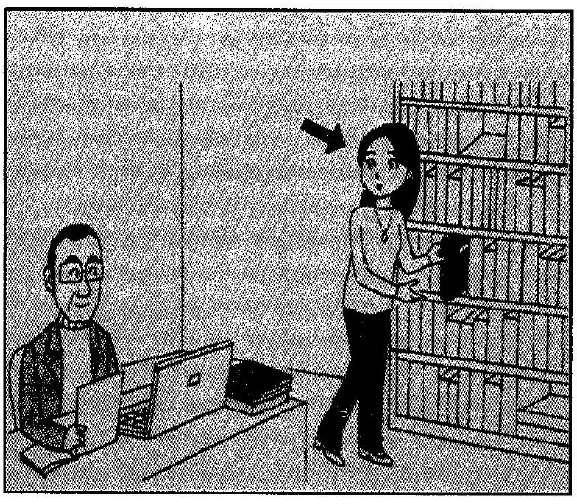 Scene: An older man sitting at a desk with an open laptop looks back towards a young woman standing in front of tall bookshelves. An arrow points to the woman — from the JLPT N3 July 2012 listening section
