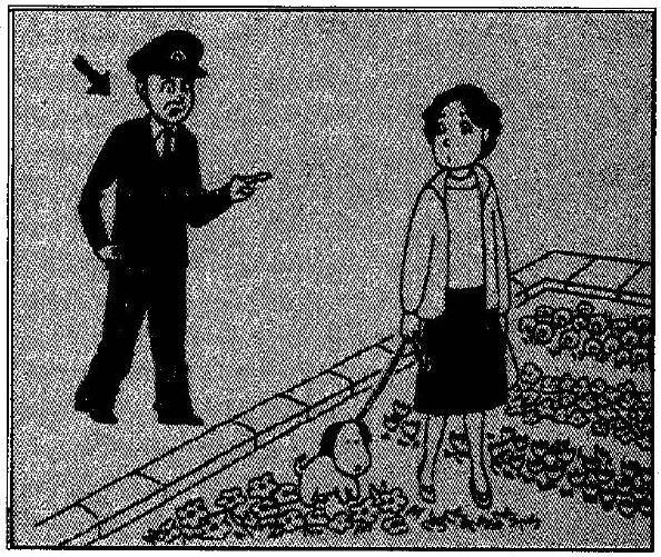 Scene: A policeman in uniform is pointing to the left while talking to a young woman holding a broom next to a pile of swept leaves. An arrow points to the policeman — from the JLPT N3 July 2012 listening section
