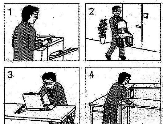 Picture options. Option 1: A man standing at a copier. Option 2: A man carrying a chair. Option 3: A man sitting at a desk with a laptop. Option 4: A man moving or aligning a desk — from the JLPT N3 Dec 2013 listening section