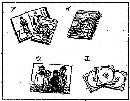 Scene: Four small images labeled ア (postcards/cards), イ (a notebook), ウ (people posing for a photo), and エ (two CDs) — from the JLPT N3 Dec 2013 listening section
