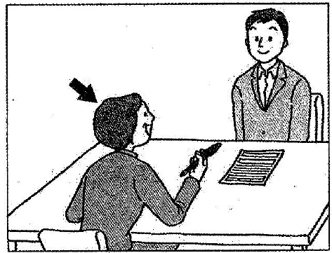 Scene: A person sitting at a desk with a pen, arrow pointing to them as they look at another person standing — from the JLPT N3 Dec 2013 listening section