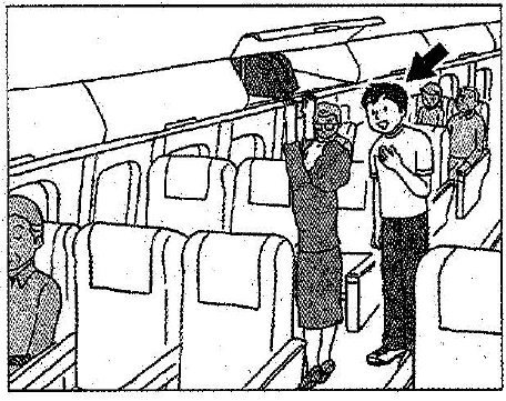 Scene: On an airplane, a passenger looking up at an overhead bin, arrow pointing to them — from the JLPT N3 Dec 2013 listening section