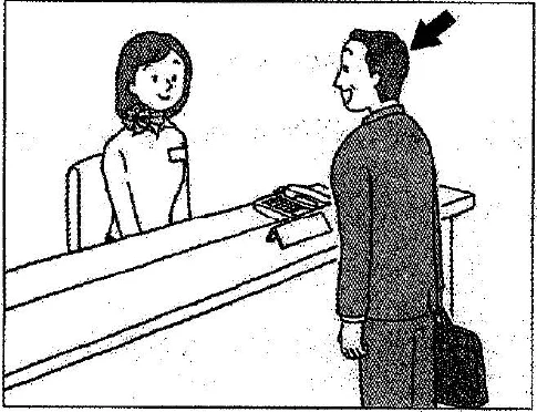 Scene: A man standing at a counter talking to a staff member, arrow pointing to the man — from the JLPT N3 Dec 2013 listening section