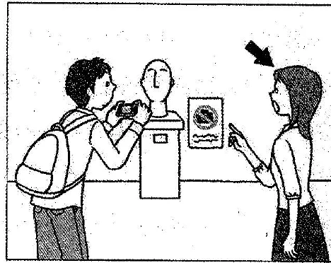 Scene: A man taking a photo of a statue, a woman approaching, arrow pointing to the woman — from the JLPT N3 Dec 2013 listening section