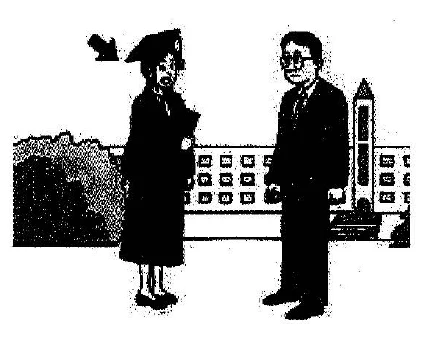 Scene: A woman in a graduation gown is being photographed by a man. An arrow points to the man — from the JLPT N3 July 2013 listening section
