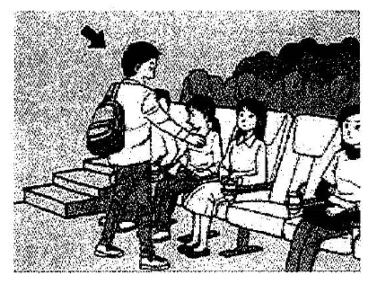 Scene: A group of people sitting on a bench. A man standing is talking to them. An arrow points to the man — from the JLPT N3 July 2013 listening section