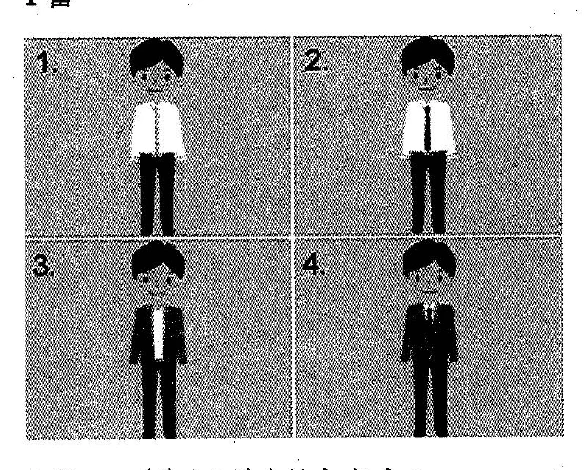 Picture options. Option 1: A man wearing a white shirt and dark trousers. Option 2: A man wearing a white shirt, a necktie, and dark trousers. Option 3: A man wearing a dark suit jacket and dark trousers. Option 4: A man wearing a dark suit jacket, a necktie, and dark trousers — from the JLPT N3 Dec 2014 listening section