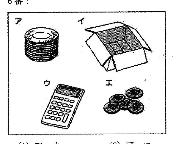 Scene: Four labeled images: ア shows a stack of plates/discs; イ shows an open cardboard box; ウ shows a calculator; エ shows several coins — from the JLPT N3 Dec 2014 listening section