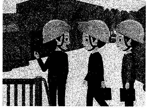 Scene: Three people wearing helmets and business attire outside; an arrow points to the person on the left — from the JLPT N3 Dec 2014 listening section