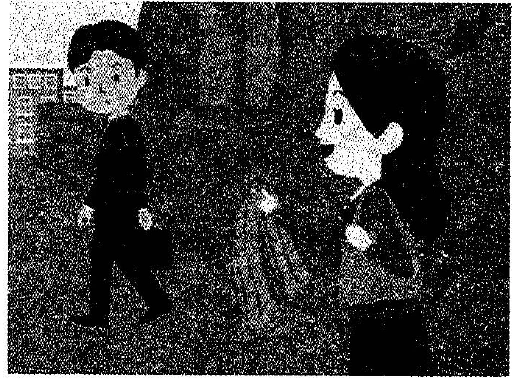 Scene: A man and a woman talking; the woman is carrying a bag; an arrow points to the woman — from the JLPT N3 Dec 2014 listening section