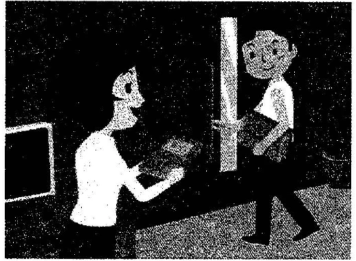 Scene: A person handing something across a counter to another person; an arrow points to the person behind the counter — from the JLPT N3 Dec 2014 listening section