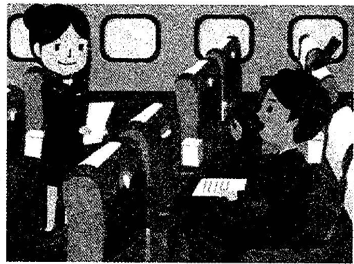 Scene: A person sitting at a desk on a train or bus looking at papers; a staff member stands nearby; an arrow points to the staff member — from the JLPT N3 Dec 2014 listening section