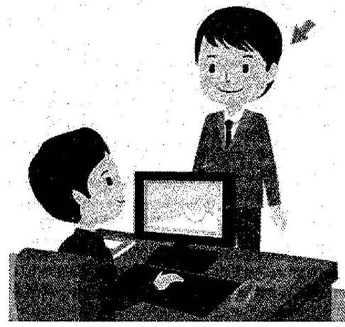 Scene: A man standing next to an office worker sitting at a computer. An arrow points to the standing man — from the JLPT N3 July 2014 listening section