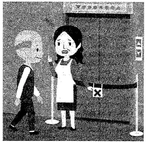Scene: A female store clerk standing in front of a closed queue barrier. A customer is walking towards her. An arrow points to the clerk — from the JLPT N3 July 2014 listening section