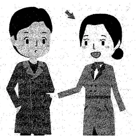 Scene: A man and a woman standing in business suits. An arrow points to the man — from the JLPT N3 July 2014 listening section
