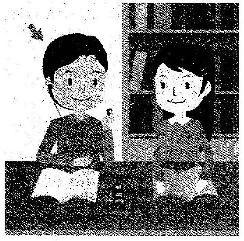 Scene: A man and a woman sitting at a table with open books. An arrow points to the man — from the JLPT N3 July 2014 listening section