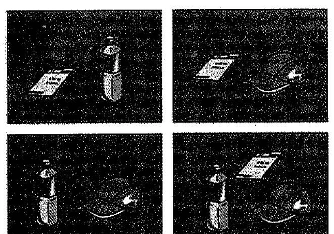 Picture options. Option 1: Table with a bottle and some papers Option 2: Table with a bottle, papers, and a glass; arrow points to the glass Option 3: Table with a bottle and papers; arrow points to the bottle Option 4: Table with a bottle and papers; arrow points to the papers — from the JLPT N3 Dec 2015 listening section