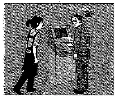 Scene: A woman at a counter or machine; an arrow points to her — from the JLPT N3 Dec 2015 listening section