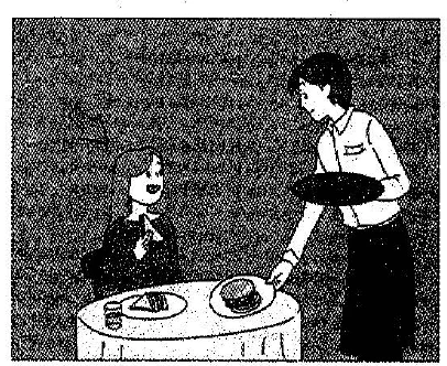 Scene: A waiter serving food to a customer at a table; an arrow points to the waiter — from the JLPT N3 Dec 2015 listening section