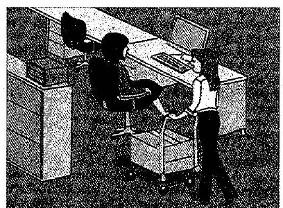 Scene: Office setting, person standing by a chair; an arrow points to the person standing — from the JLPT N3 Dec 2015 listening section