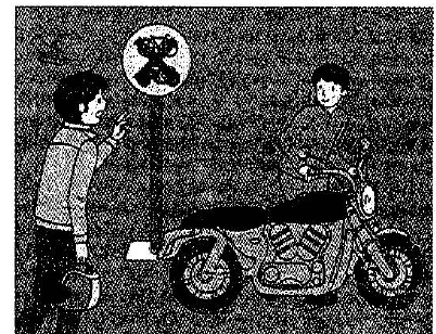 Scene: A person on a motorcycle talking to someone by a sign; an arrow points to the motorcyclist — from the JLPT N3 Dec 2015 listening section