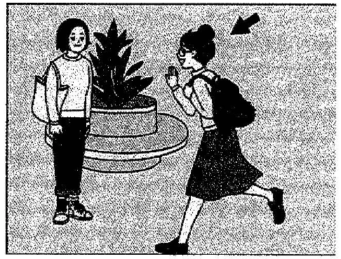 Scene: A woman carrying a bag walks past a man sitting next to a plant. An arrow points to the walking woman — from the JLPT N3 Dec 2016 listening section