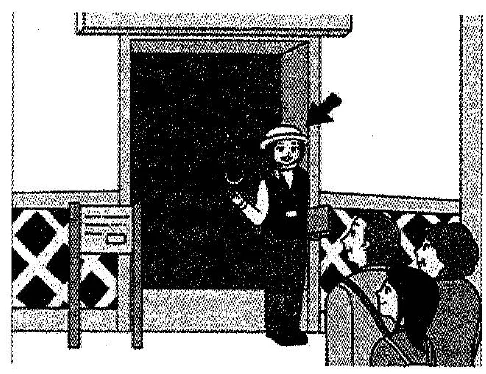 Scene: A waiter/staff member standing at the entrance of a restaurant/shop where customers are seated. An arrow points to the staff member — from the JLPT N3 Dec 2016 listening section