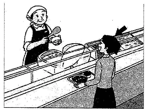 Scene: A woman in an apron holding a ladle near a pot, speaking to another woman. An arrow points to the woman in the apron — from the JLPT N3 Dec 2016 listening section