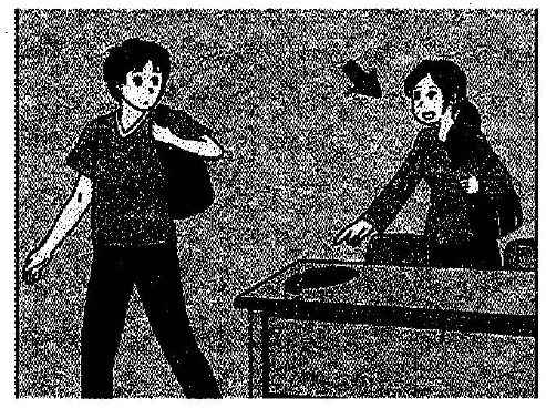 Scene: A woman stands with a bag in a room with another person behind a desk; an arrow points to the standing woman — from the JLPT N3 July 2016 listening section
