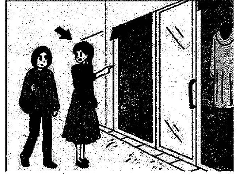 Scene: A person stands by a sliding glass door; an arrow points to the person by the door — from the JLPT N3 July 2016 listening section