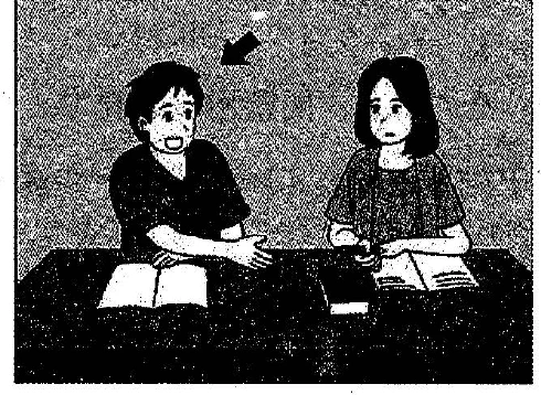 Scene: A man and a woman sit at a table with books; an arrow points to the man — from the JLPT N3 July 2016 listening section